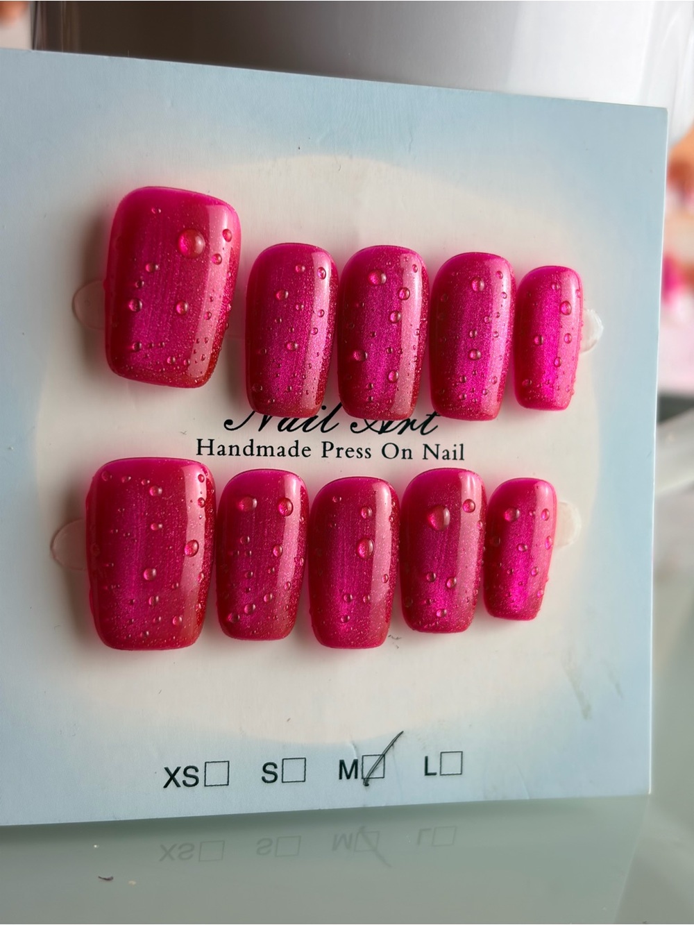Handmade Press On Nails - Hot Pink Set with 3d water drop design Medium